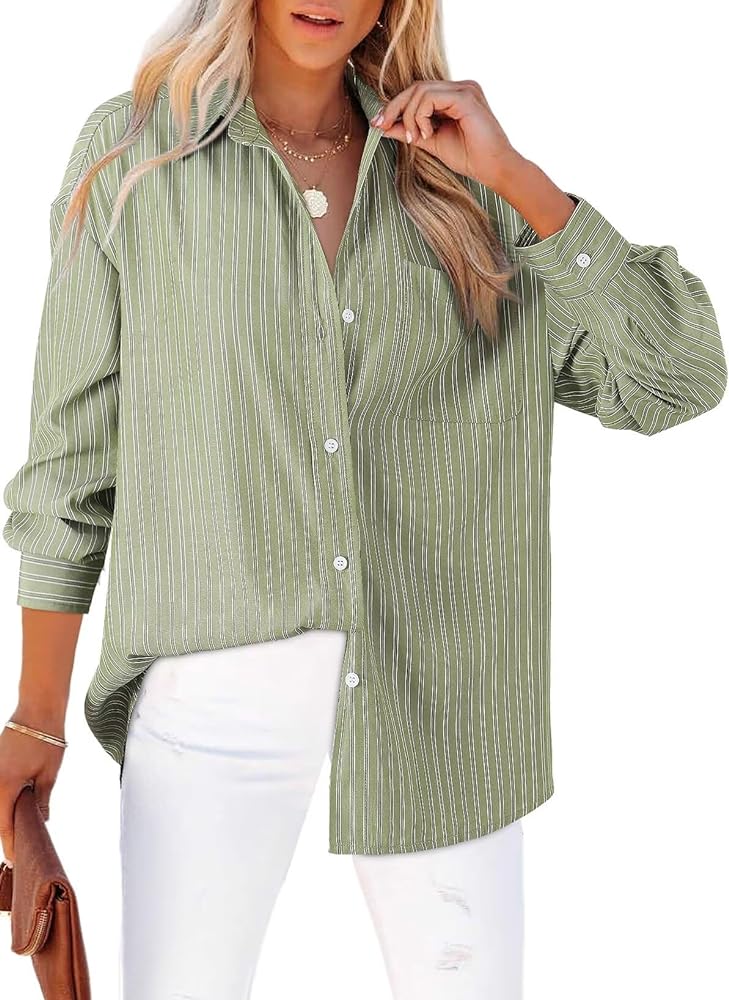 Astylish Women Blouses Oversized Striped Shirt Long Sleeve V Neck Button Down Work Top