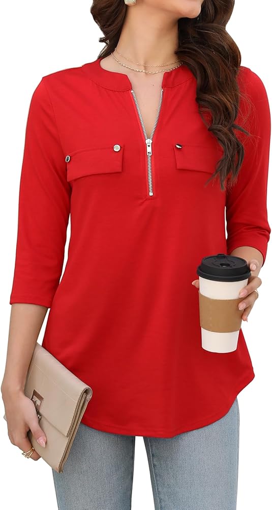 LuckyMore Womens 3/4 Sleeve Business Casual Tops Zip V Neck Work Tunic Blouses Shirts