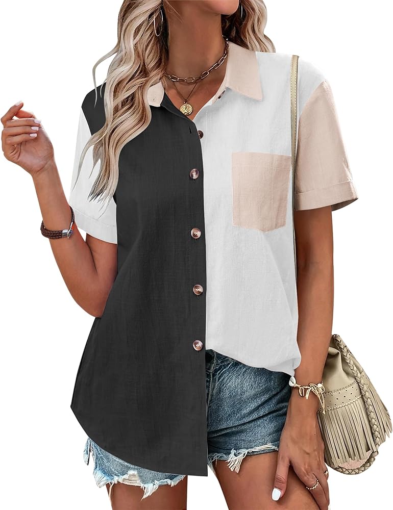 Zeagoo Womens Button Down Shirts Color Block Short Sleeve Cotton Linen Summer Causal Blouses Tops