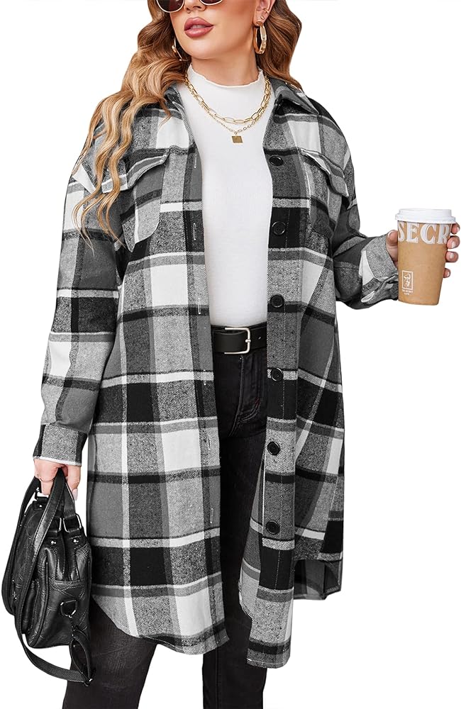 IN'VOLAND Womens Plus Size Flannel Plaid Shirts Long Sleeve Lounge Lapel Boyfriend Button Down Tartan Long Jacket Coats