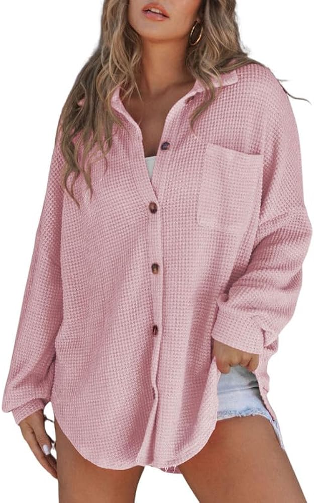 SHEWIN Women's Waffle Knit Button Down Shirts Casual Long Sleeve Shacket Jacket Boyfriend Tops Blouses Loose Fit