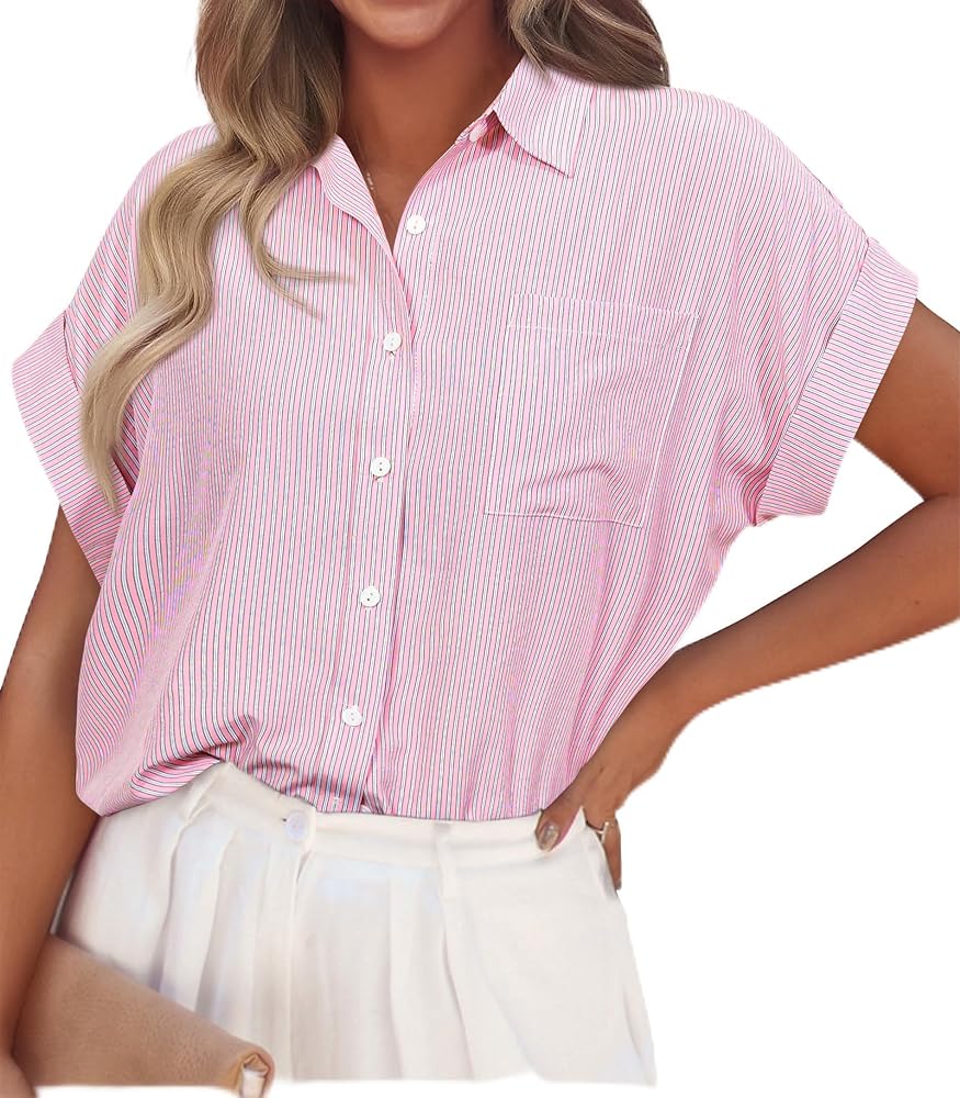 PRETTYGARDEN Striped Shirts Button Up Tops for Women 2024 Summer Short Sleeve V Neck Dressy Casual Blouse