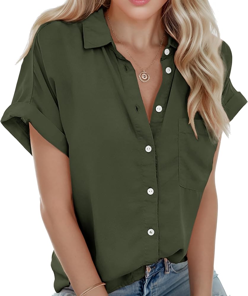 Women Short Sleeve Shirts V Neck Button Down Summer Tops Collared Work Blouses with Pockets