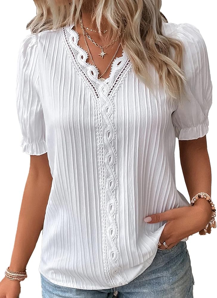 Women's Elegant Lace V Neck Short Sleeve Solid Tops Shirt Blouse