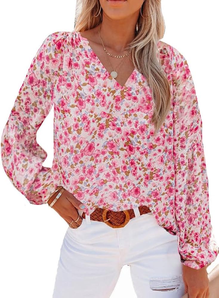 SHEWIN Women's Casual Boho Floral Print V Neck Long Sleeve Loose Blouses Shirts Tops