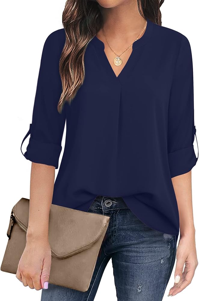 Timeson Women's Casual Chiffon V Neck 3/4 Sleeve Blouse Tops