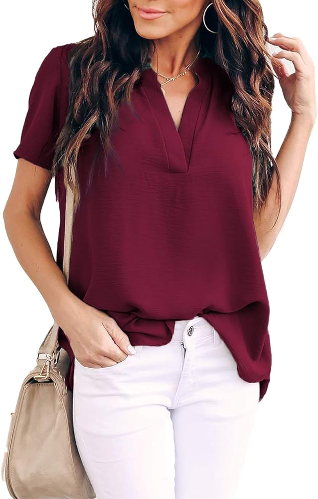 Allimy Women Summer Casual Split V Neckline Chiffon Blouses Loose Tunic Short Sleeve Tops