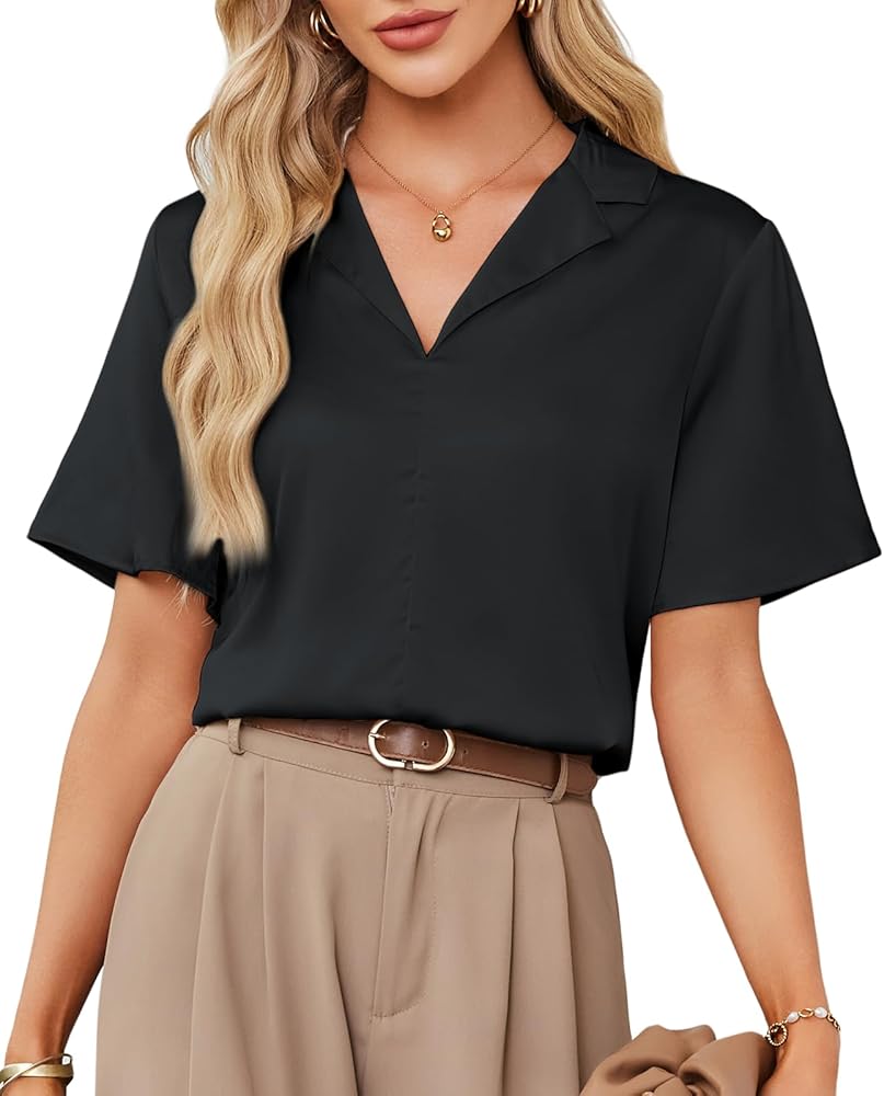 GRACE KARIN Women's Satin Silk Shirts Short Sleeve Casual Work Blouse Lapel V Neck Pullover Tops