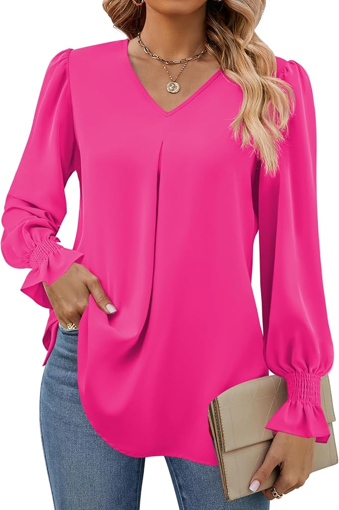 Funlingo Women's 2024 Long Sleeve Tops Dressy Casual V Neck Tunic Shirts Loose Chiffon Work Blouse