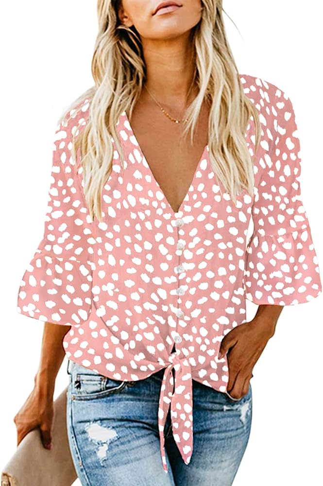 Kancystore Womens Button Down V Neck Tie Knot Front Tops 3/4 Sleeve Chiffon Casual Blouse Shirts