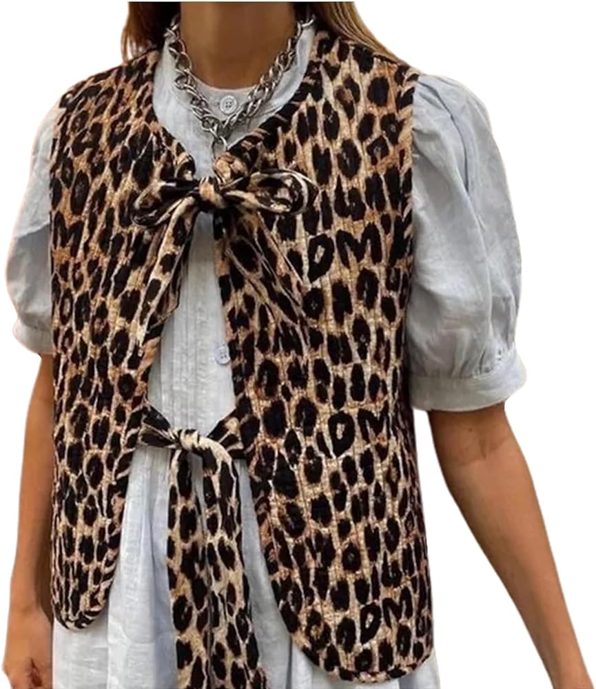 Leopard Print Tie Front Tops for Women Y2k Vest Top Waistcoat Cheetah Print Bow Top Fashion Casual Vests