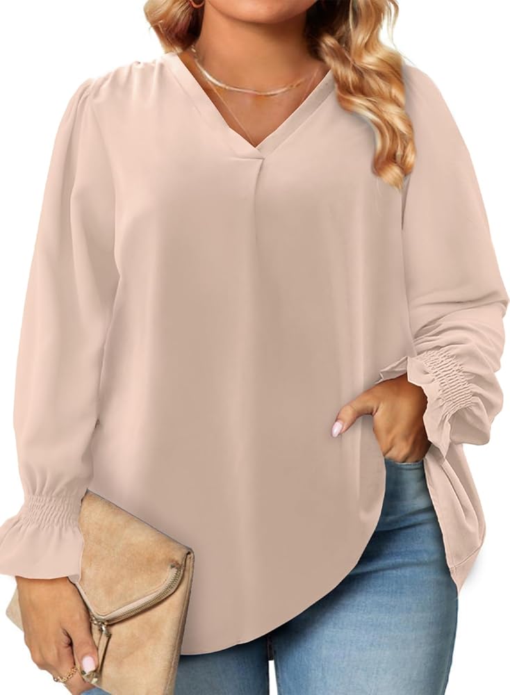 Eytino Plus Size Tops for Women Sexy V Neck Smocked Long Sleeve Blouse Loose Casual Work Shirts(1X-5X)