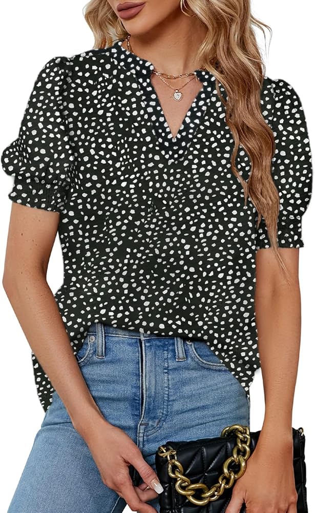 Astylish Womens Fashion Blouses Notched V Neck Puffer Short Sleeve Shirt Polka Dot Tops Chiffon Dressy Shirts