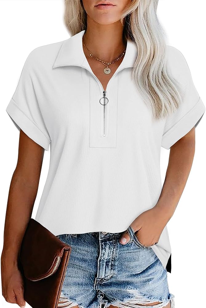 Vivilli Women's Short Sleeve Tops and Blouses Zipper Collar V Neck Business Casual Tops Loose Fit Tunic Shirt Polo Shirts