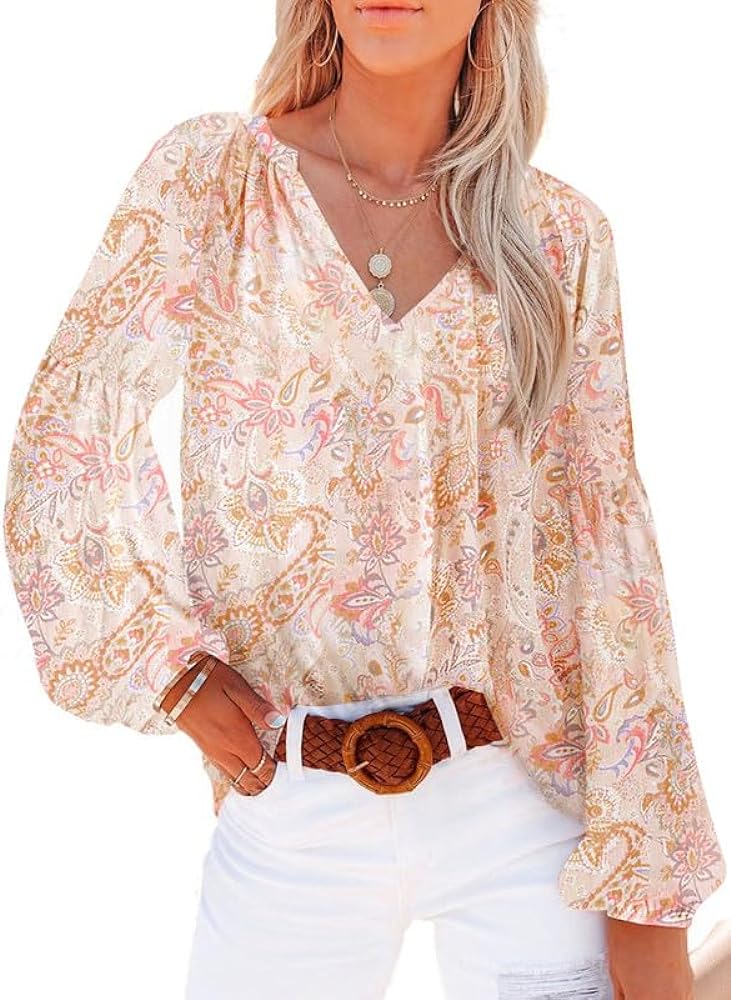 Dokotoo Women's Casual Boho Floral Print V Neck Long Sleeve T Shirt Blouses