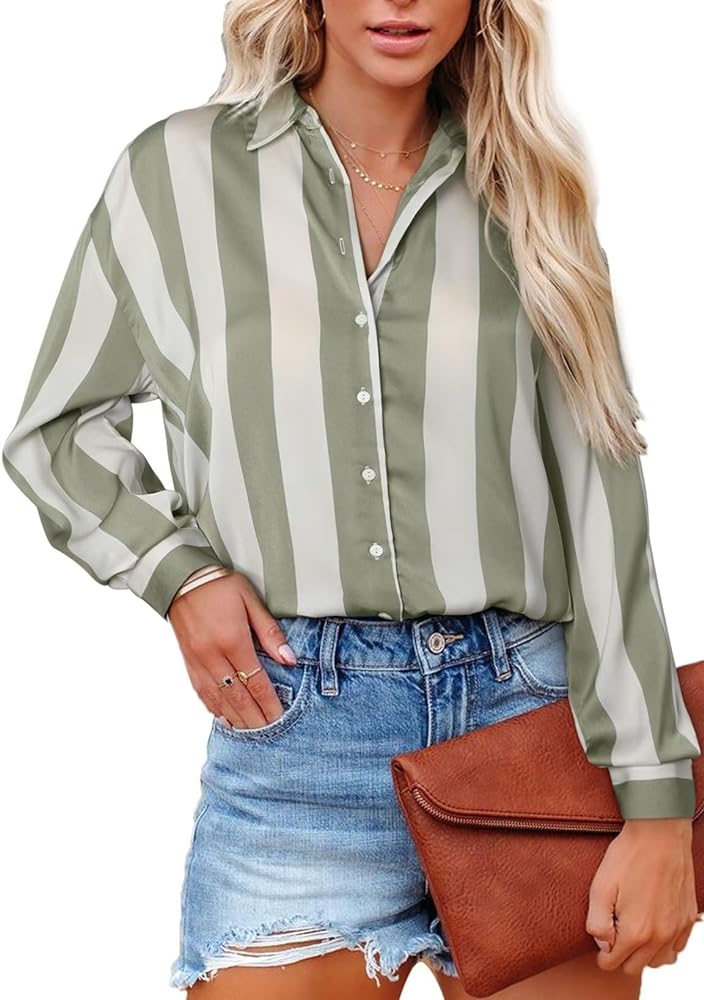 Astylish Women Button-Down Shirts V-Neck Elegant Blouse Long Sleeve Basic Top