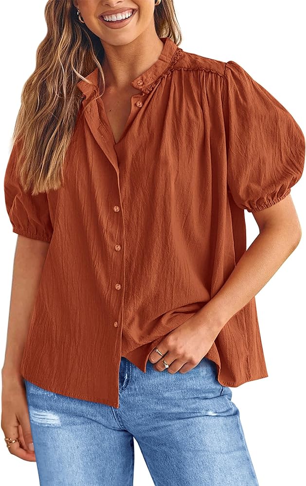 PRETTYGARDEN Women's Summer Button Down Shirts Short Lantern Sleeve V Neck Cotton Cute Dressy Casual Ladies Tops Blouses