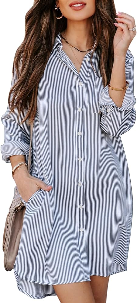 Womens Button Down Shirt Dresses with Pockets Cotton Striped Shirts Collared Tunics Long Sleeve High Low Blouse Tops