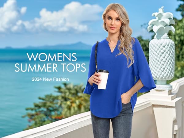 Askyes Womens Summer Clothes Elegant 34 Sleeve V Neck Chiffon Blouses For Women Casual Flowy Tops