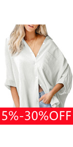 Astylish Womens Oversized Button Down Shirts 2024 Cotton Fashion Flowy Gauze V-Neck 3/4 Sleeve Tops