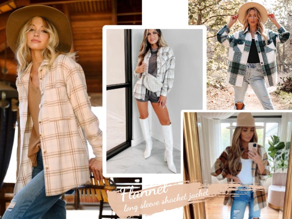 Women Flannel Shacket Jacket Plaid Button Down Long Sleeve Shirt 