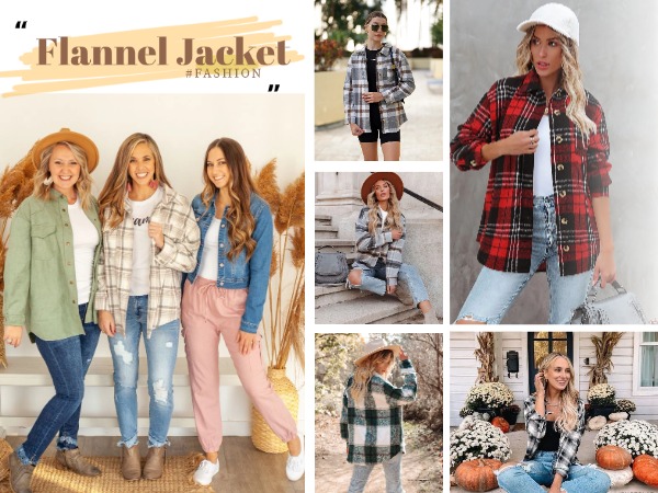 Women Flannel Shacket Jacket Plaid Button Down Long Sleeve Shirt 