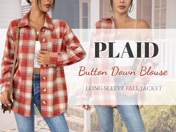 Women Flannel Shacket Jacket Plaid Button Down Long Sleeve Shirt 