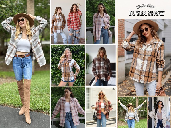 Women Flannel Shacket Jacket Plaid Button Down Long Sleeve Shirt