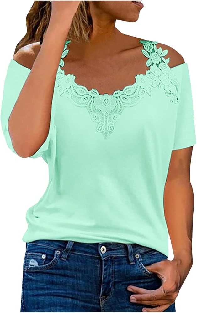 Lace Crochet Cold Shoulder Tops for Women Trendy Summer Short Sleeve Tunic Shirts Casual Loose Strappy Blouses