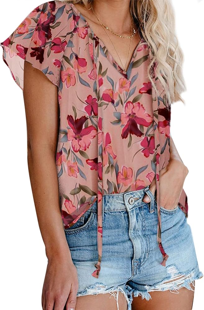 Dokotoo Ladies Summer Floral Printed Shirt for Women V Neck Dressy Summer Chiffon T Shirts Bohemian Tops Tunic Blouses Small Black