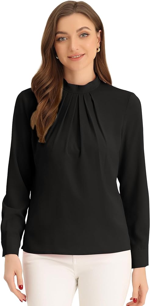 Allegra K Business Dressy Casual Work Tops Shirt for Women's Stand Collar Long Sleeve Blouse