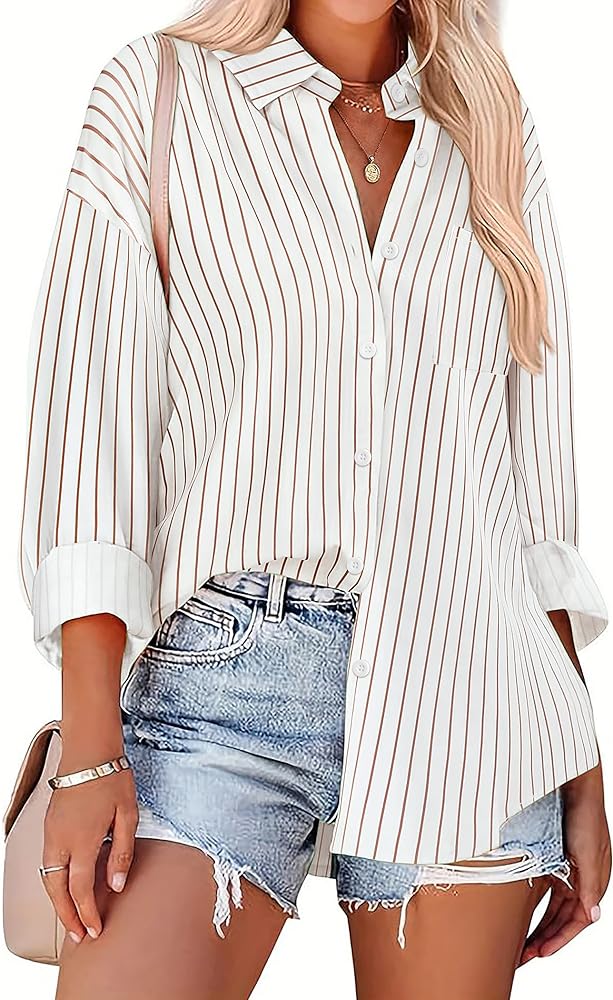 HOTOUCH Button Down Striped Shirts for Women Boyfriend Drop Shoulder Blouse Long Sleeve Oversized Shirt with Pockets