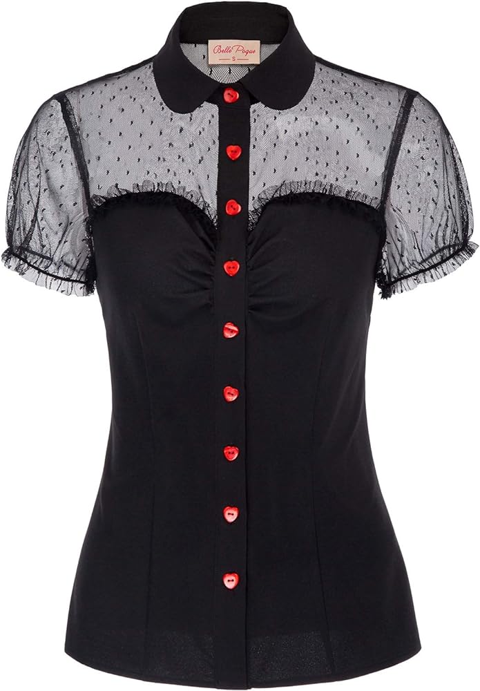 Women's Sheer 1950s Retro Vintage Shirts Polka Dots Mesh Rockabilly Blouse Tops