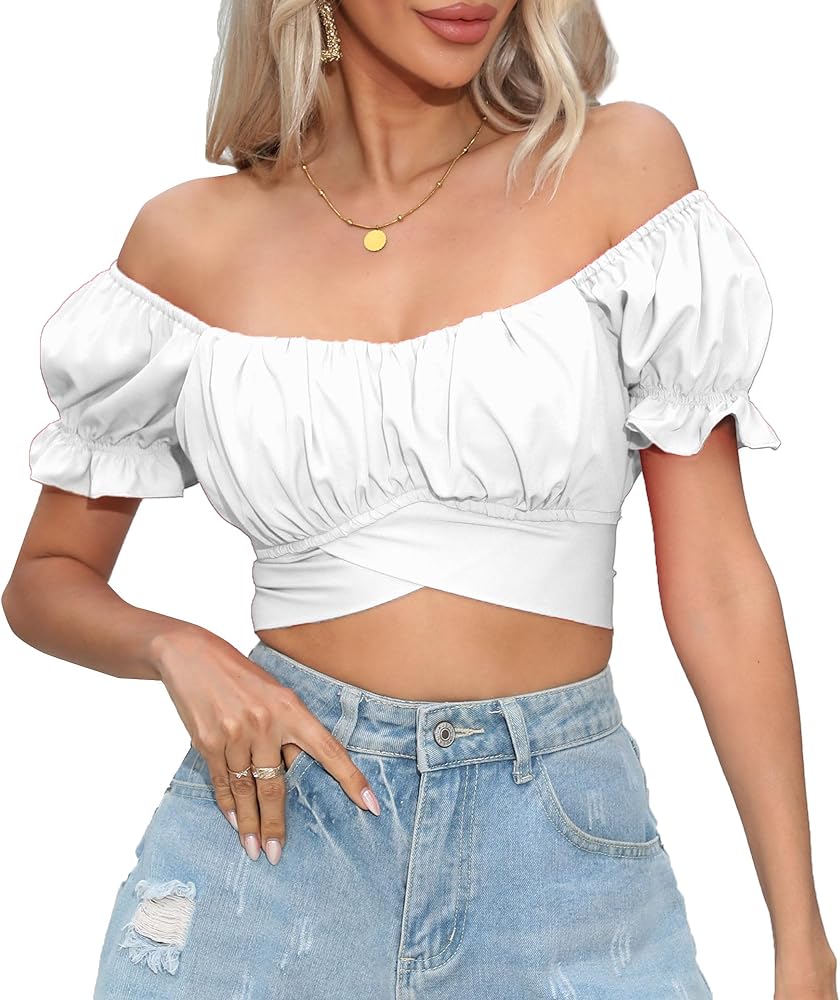 Women's Crop Tops Ruffle Short Sleeve Tie Back Summer Off Shoulder Top Blouse