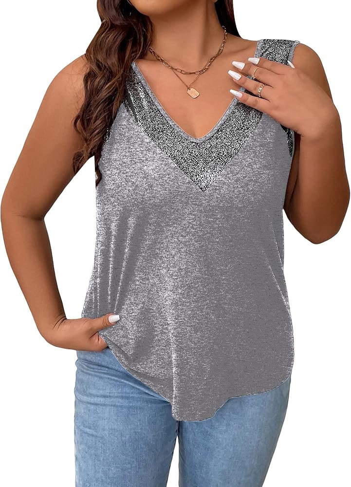 SOLY HUX Women's Plus Size Glitter V Neck Sleeveless Tank Top Casual Summer Tops