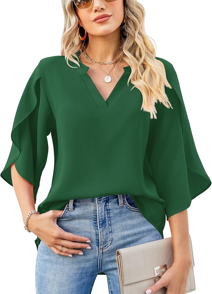 LUYAA Women's Casual Chiffon Blouse Tops 3/4 Ruffled Sleeve V Neck Loose Fit Blouses Shirts