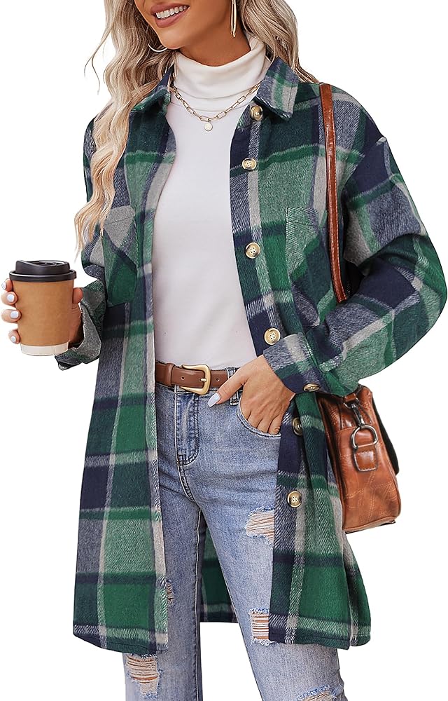 HOTOUCH Womens Flannel Plaid Shacket Jacket Casual Lapel Button Down Tartan Trench Coat Long Sleeve Shirts With Pockets