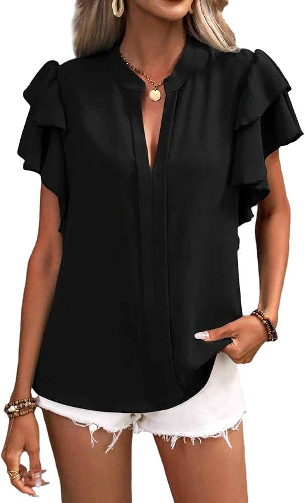 Women's Summer Blouses Tops Ruffle Sleeve V Neck Business Work Shirts