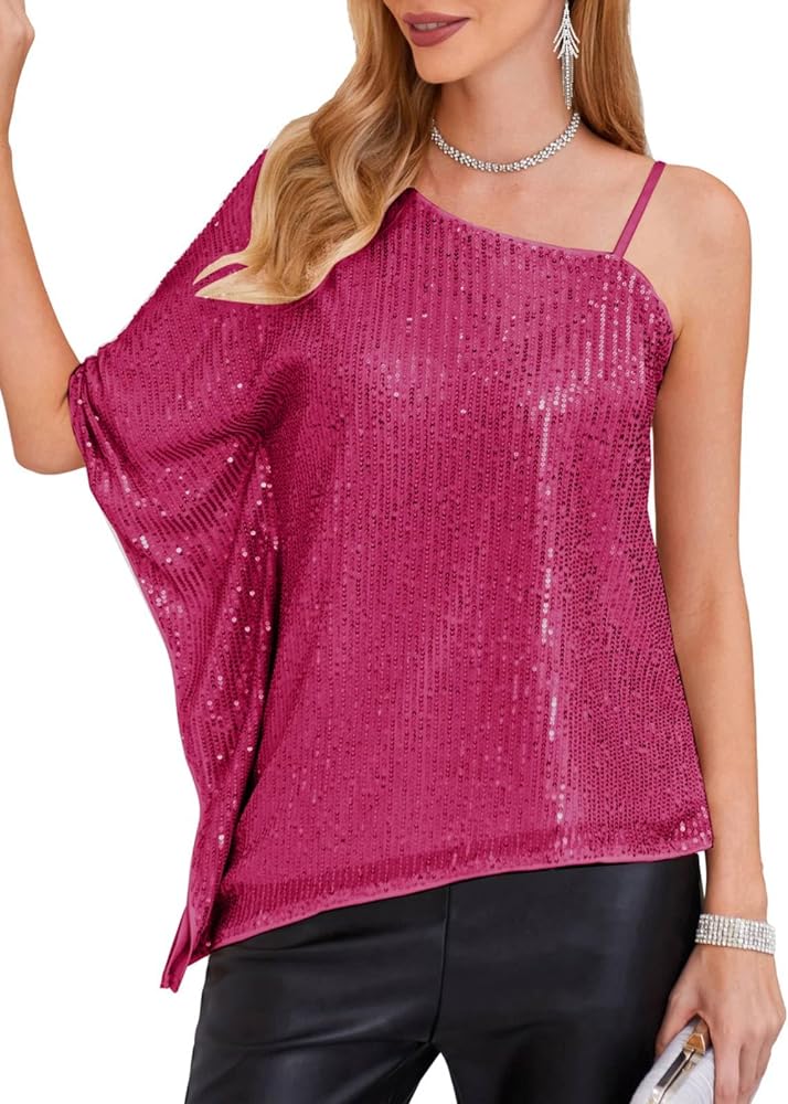 GRACE KARIN 2023 Women's Elegant Sequin Tops One Shoulder Batwing Short Sleeve Sparkly Blouse Shirt