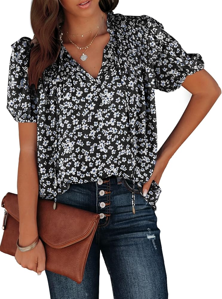 Women's Casual V Neck Boho Floral Print Smocked Short Sleeve Chiffon Blouses Bohemian Top Shirts