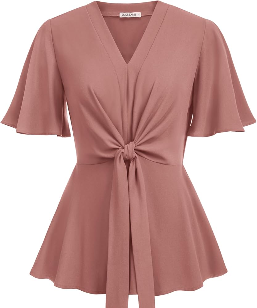 GRACE KARIN 2024 Women's Elegant V Neck Peplum Tops Tie Front Short Bell Sleeve Shirts Tops Blouse