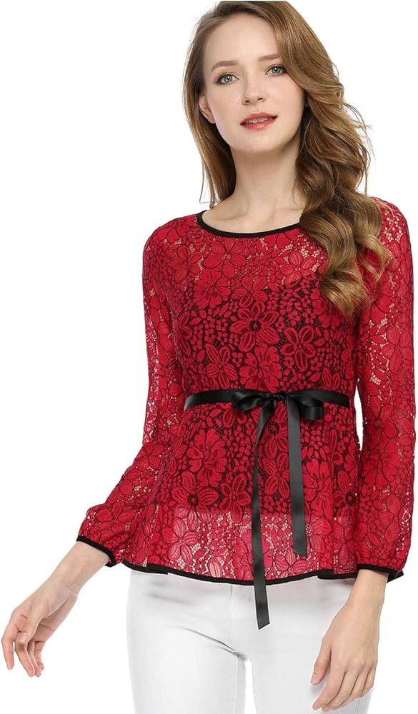 Allegra K Women's Elegant Tie Waist Long Sleeve Top Lace Peplum Blouses