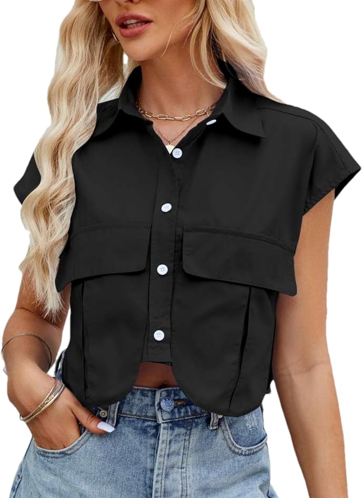 Womens Summer Cropped Short Cap Sleeve Shirts Solid Lapel Collar Button Down Crop Tops Blouse with Chest Pockets