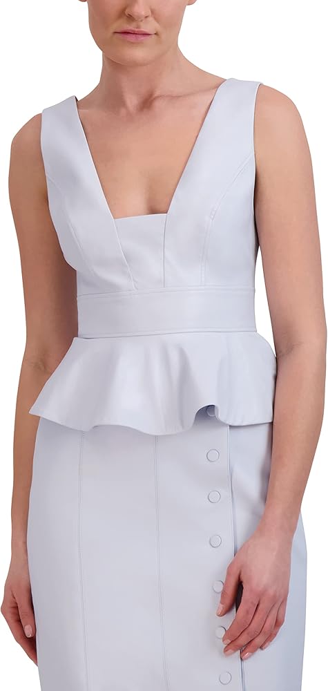 BCBGMAXAZRIA Women's Sleeveless Faux Leather Peplum Top Sweetheart Neck Exposed Zipper Shirt