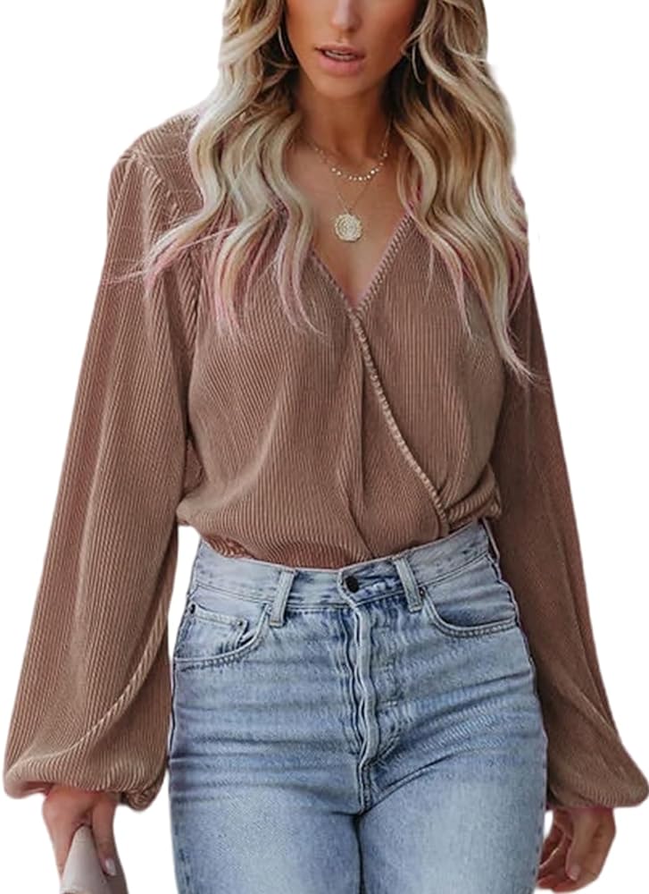 CUPSHE Women Peasant Sleeve Tops Casual Loose Fit V Neck Solid Ruched Blouse