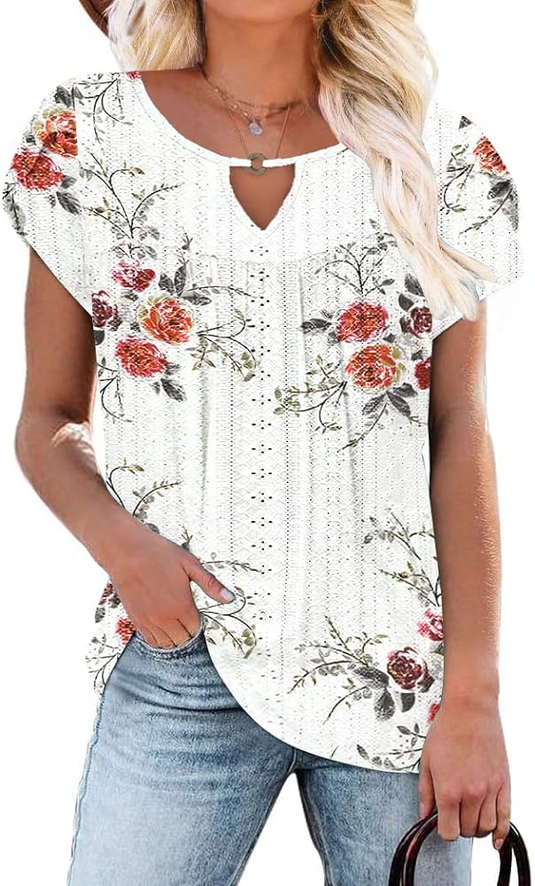 Women's Casual Dressy Short Petal Sleeve Shirts Pleated Fashion Front Key Hole Scoop Neck Floral Print Loose Fit Tops