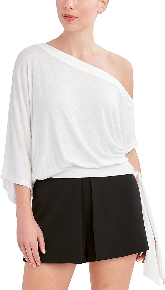 BCBGMAXAZRIA Women's Relaxed Off The Shoulder Short Sleeve Side Tie Top