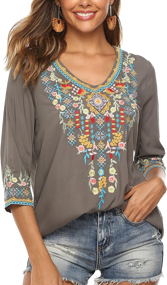 Grosy Womens Casual Summer Tops, Hippie Clothes, Traditional Floral Embroidered Boho Shirt, Mexican Peasant Blouses for Women