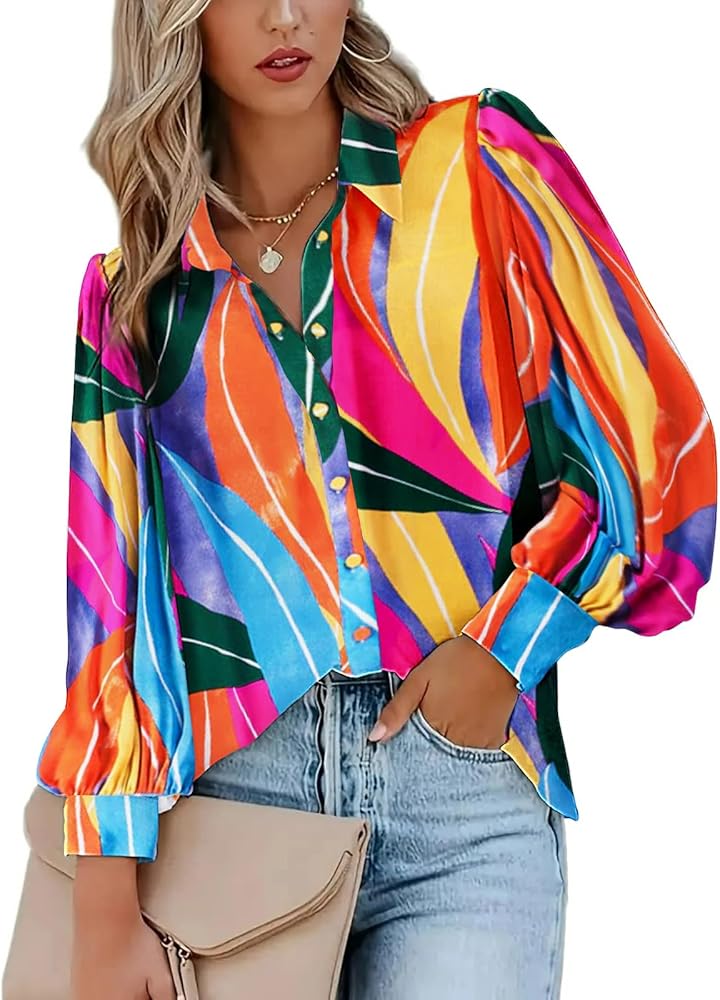 Zeagoo Womens Shirts Button Down Printed Lantern Long Sleeve Blouse Fashion Casual Tops 2024