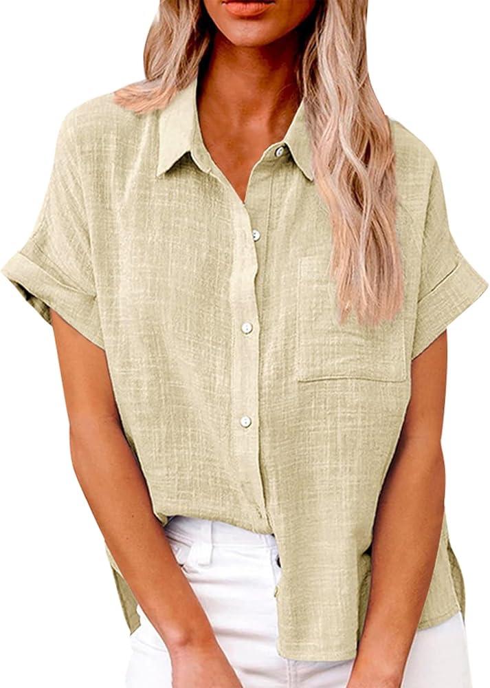 Womens Cotton Linen Button Down Shirt 2024 Casual Short Sleeve Solid Color Shirt Loose Work Tops with Pockets